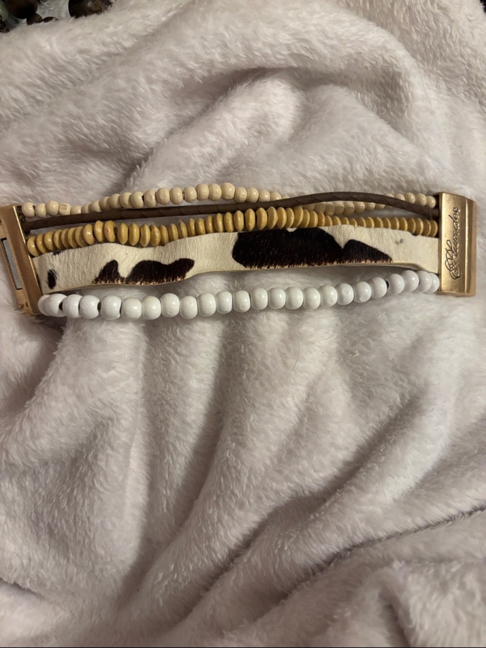 Plunder White, Brown and Gold Multi-Strand Beaded Cowhide Bracelet